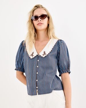 Oliver Bonas & Brown Striped Scalloped Collar Blouse, Size 16 - Blue