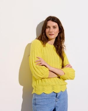 Oliver Bonas Pointelle Scalloped Trim Knitted Jumper, Size 6 - Yellow
