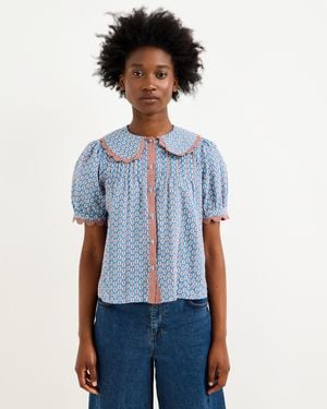 Oliver Bonas & Brown Ditsy Floral Scalloped Collar Cotton Blouse, Size 12 - Blue