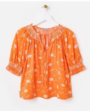 Oliver Bonas Floral Textured Shirred Blouse, Size 6 - Orange