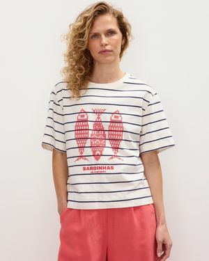 Oliver Bonas & Striped Sardine Cross Stitch Cotton T-shirt, Size 6 - Red