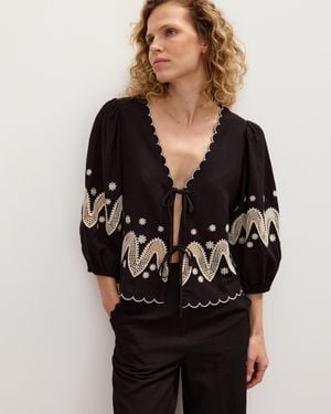 Oliver Bonas & Cream Cutwork Embroidered Tie Front Blouse, Size 6 - Black