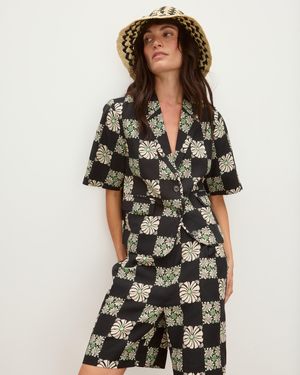 Oliver Bonas Checked Daisy Print Short Sleeve Blazer, Size 12 - Black