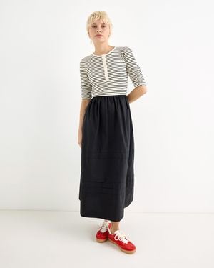 Oliver Bonas Monochrome Striped Ruched Sleeve Midi Dress, Size 10 - White
