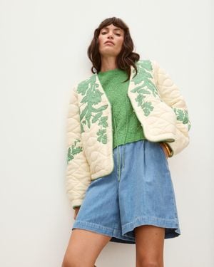 Oliver Bonas Ecru Cream & Green Floral Applique Tie Front Quilted Jacket, Size 6