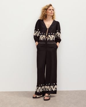 Oliver Bonas & Cream Cutwork Embroidered Wide Leg Trousers, Size 6 - Black