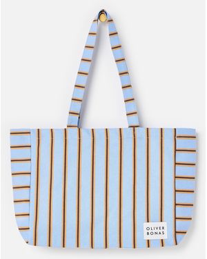 Oliver Bonas & Brown Striped Logo Fabric Tote Shopper Bag - Blue