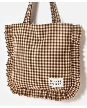 Oliver Bonas Chocolate Gingham Ruffle Tote Bag - Metallic