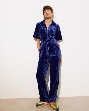 Oliver Bonas Crushed Velvet Jumpsuit, Size 6 - Blue