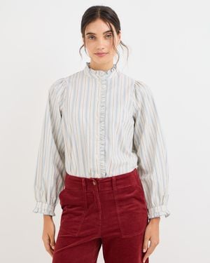 Oliver Bonas Cream & Blue Striped Frill Neck Cotton Blouse, Size 10 - White