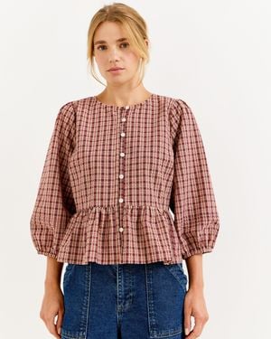 Oliver Bonas & Brown Checked Button Up Peplum Blouse, Size 12 - Red