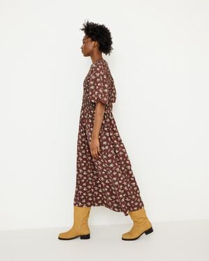 Oliver Bonas Chocolate Gingham Floral Shirred Bodice Midi Dress, Size 10 - Brown