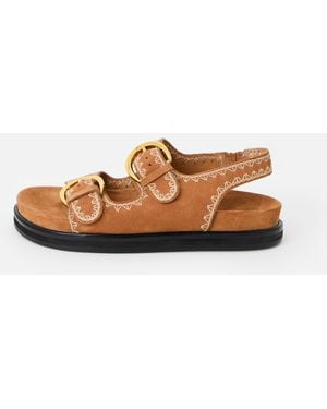 Oliver Bonas Toffee Suede Stitch Detail Double Buckle Sandals, Size 3 - White