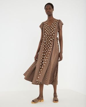 Oliver Bonas Chocolate & White Polka Dot Tie Waist Midi Dress, Size 6 - Brown