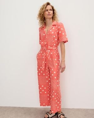 Oliver Bonas & White Polka Dot Tie Waist Linen Blend Jumpsuit - Red