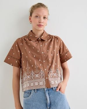 Oliver Bonas Mocha & Cream Broderie Short Sleeve Shirt, Size 10 - Brown
