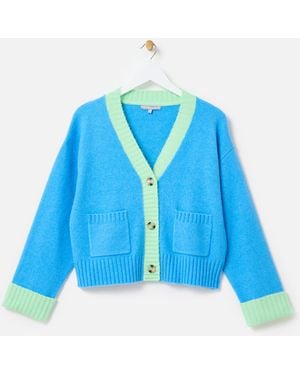 Oliver Bonas & Green Trim V-neck Knitted Cardigan, Size 18 - Blue