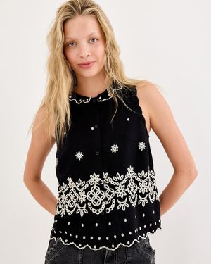 Oliver Bonas & Cream Embroidered Frill Collar Sleeveless Blouse, Size 10 - Black
