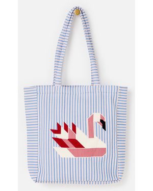 Oliver Bonas & Red Striped Swan Fabric Tote Shopper Bag - Blue