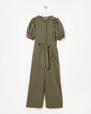 Oliver Bonas Khaki & Cream Striped Tie Waist Jumpsuit, Size 6 - Green