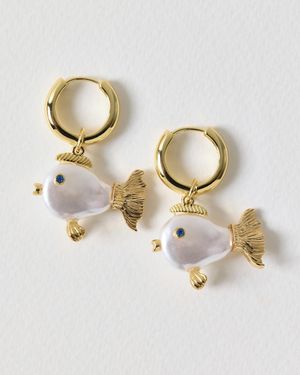Oliver Bonas Fiona Fish Faux Pearl Drop Hoop Earrings - Metallic