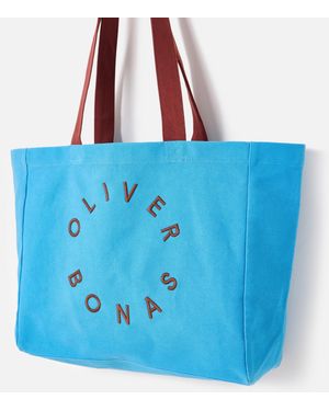 Oliver Bonas & Chocolate Brown Logo Fabric Tote Shopper Bag - Blue