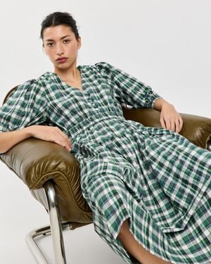 Oliver Bonas Checked V-neck Puff Sleeve Midi Dress, Size 6 - Green