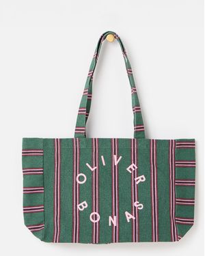 Oliver Bonas & Pink Striped Logo Fabric Tote Shopper Bag - Green