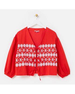 Oliver Bonas & White Floral Embroidered V-neck Tie Front Blouse, Size 12