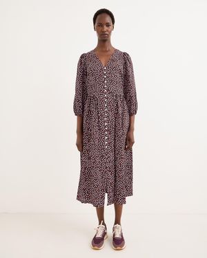 Oliver Bonas Brown & Pink Polka Dot V-neck Midi Dress, Size 10