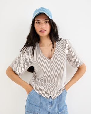 Oliver Bonas & White Striped Button Up Short Sleeve Blouse, Size 12 - Grey