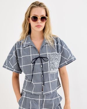 Oliver Bonas & White Gingham Embroidered Short Sleeve Shirt, Size 12 - Blue
