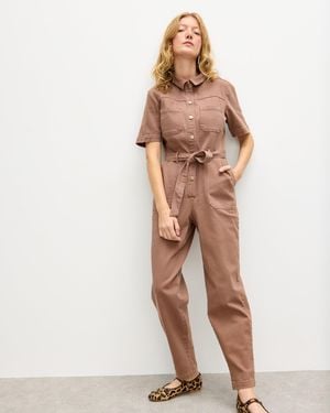 Oliver Bonas Mocha Denim Button Up Tie Waist Jumpsuit, Size 6 - Natural
