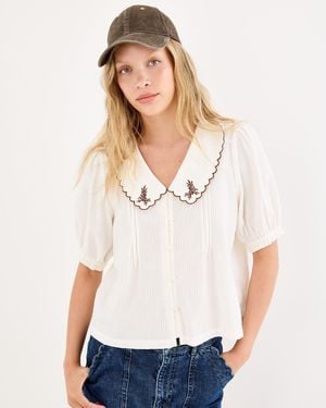 Oliver Bonas Cream Embroidered Scalloped Collar Blouse, Size 18 - White