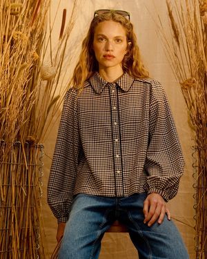 Oliver Bonas Checked Velvet Trim Blouse, Size 10 - Brown