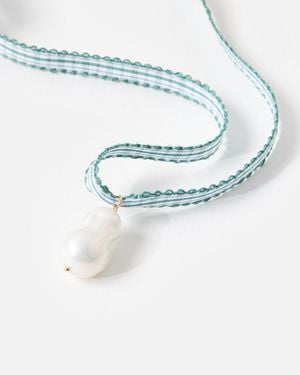Oliver Bonas Nancy Green Gingham Ribbon & Faux Pearl Necklace - Blue