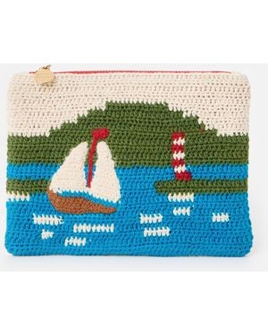 Oliver Bonas Boating Scene Crochet Zipped Pouch - Blue