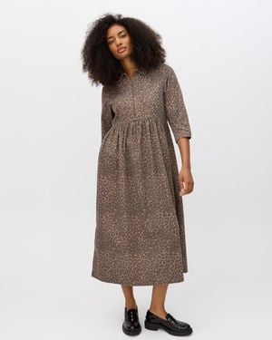 Oliver Bonas Animal Print Denim Zip Front Collared Midi Dress, Size 6 - Brown