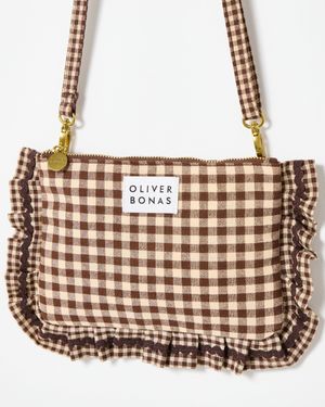 Oliver Bonas Chocolate Gingham Ruffle Pouch Crossbody Bag - Brown