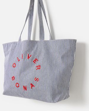 Oliver Bonas Denim Striped Logo Fabric Tote Shopper Bag - White