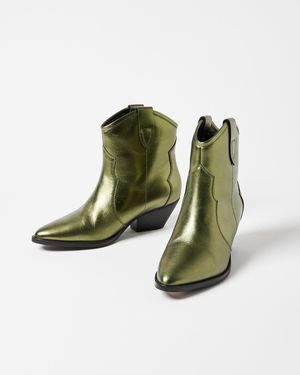 Oliver Bonas Metallic Green Leather Cowboy Boots, Size Uk 3