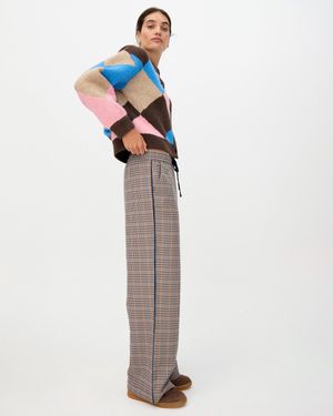 Oliver Bonas Brown & Checked Wide Leg Jogger Trousers, Size 6 - White