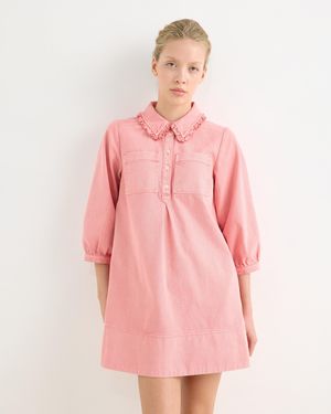 Oliver Bonas Washed Frill Collar Denim Mini Dress, Size 12 - Pink