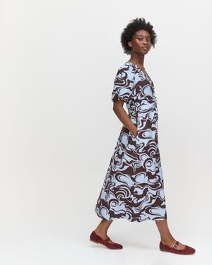 Oliver Bonas Chocolate & Blue Horse Print V-neck Midi Dress, Size 6 - White