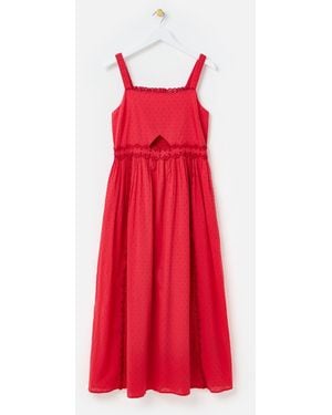 Oliver Bonas Broderie Frill Square Neck Cotton Midi Dress, Size 12 - Red