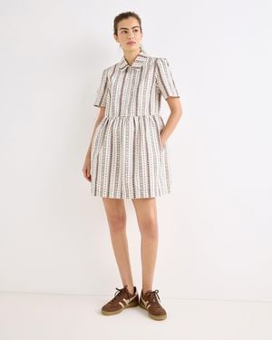 Oliver Bonas Ecru & Brown Floral Zip Up Denim Mini Dress, Size 10 - White