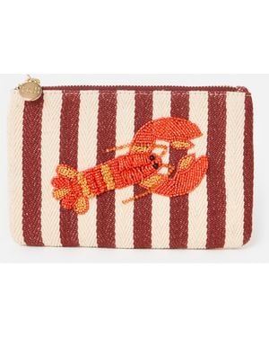 Oliver Bonas Cream & Brown Striped Beaded Lobster Zipped Pouch - Red