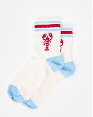 Oliver Bonas Cream & Lobster Sporty Ankle Socks - Blue