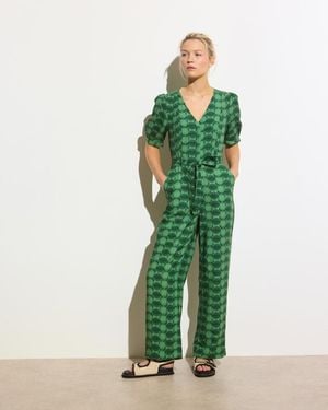 Oliver Bonas Geometric Circle V-neck Tie Waist Jumpsuit - Green
