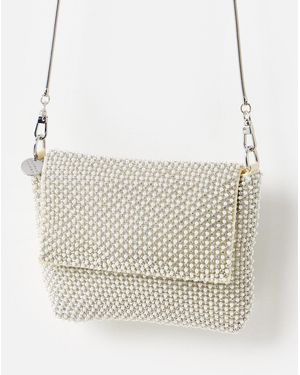 Oliver Bonas Jodie Silver Gem & Pearl Chain Mail Clutch Bag - White